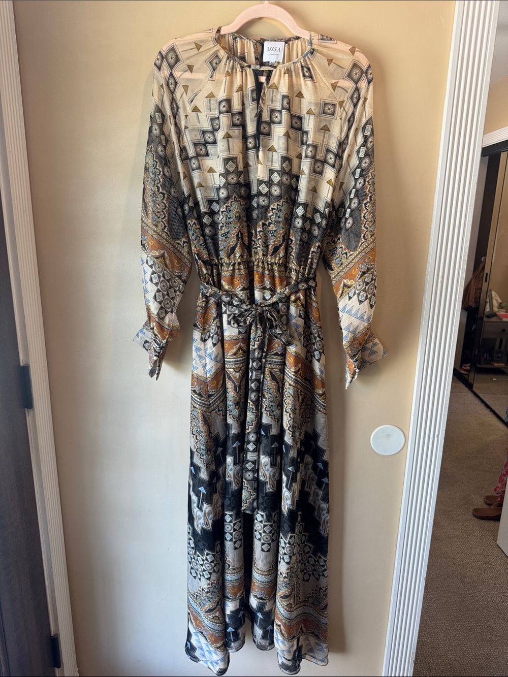 Misa Los Angeles Geometric Print Maxi Dress in Beige, Black & Tan
